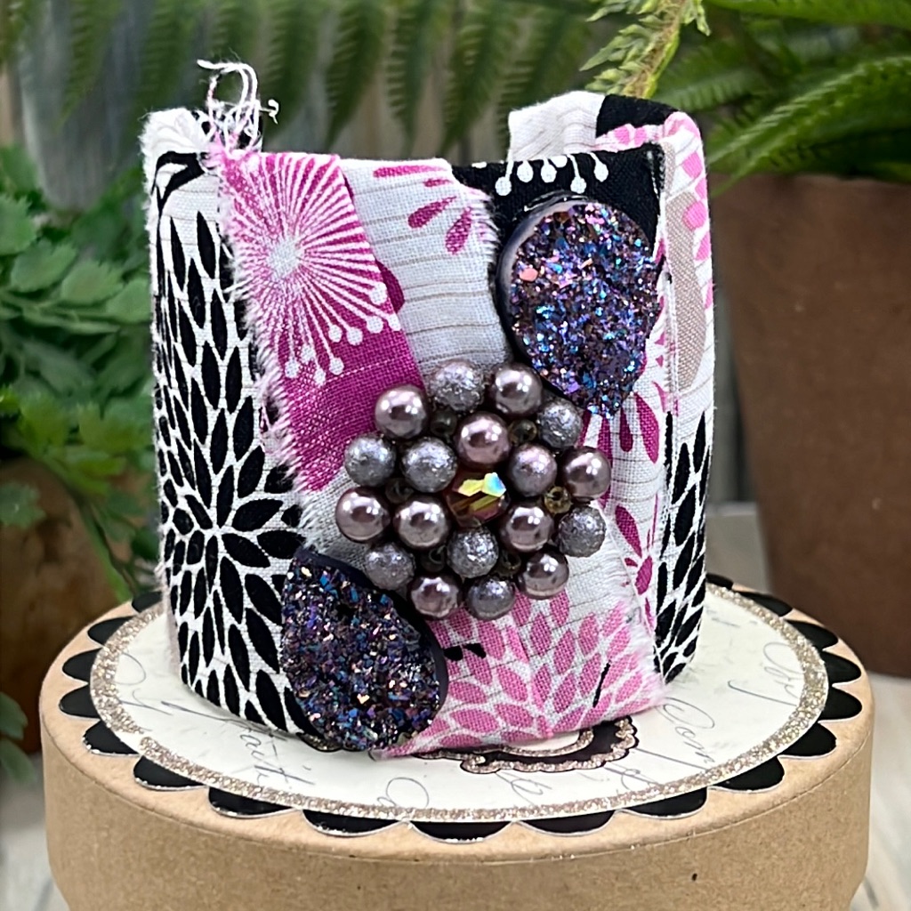 Adorned Crown Artisan Assemblage Fabric Wrap Druzy Wide Cuff Bracelet